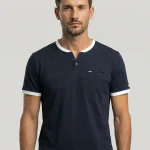 Polo Henley EDWIN bleu marine et blanc 100% coton