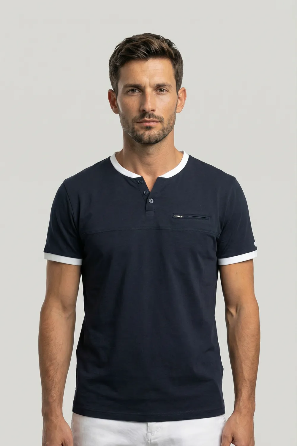 Polo Henley EDWIN bleu marine et blanc 100% coton